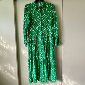 H&M Green Floral Tiered Maxi Dress Button Front Long Sleeve Size XS